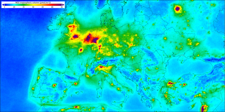 Distribució de les emissions de diòxid de nitrogen pel continent europeu | Agència Espacial Europea