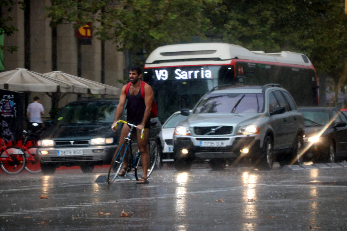 Un ciclista i diversos turismes sota la pluja a l'Avinguda Paral·lel de Barcelona  | ACN