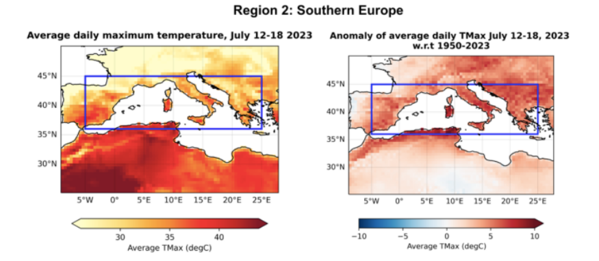 Les anomalies de temperatura al sud d'Europa durant l'onada de calor d'entre el 12 i el 18 de juliol de 2023 | World Weather Attribution