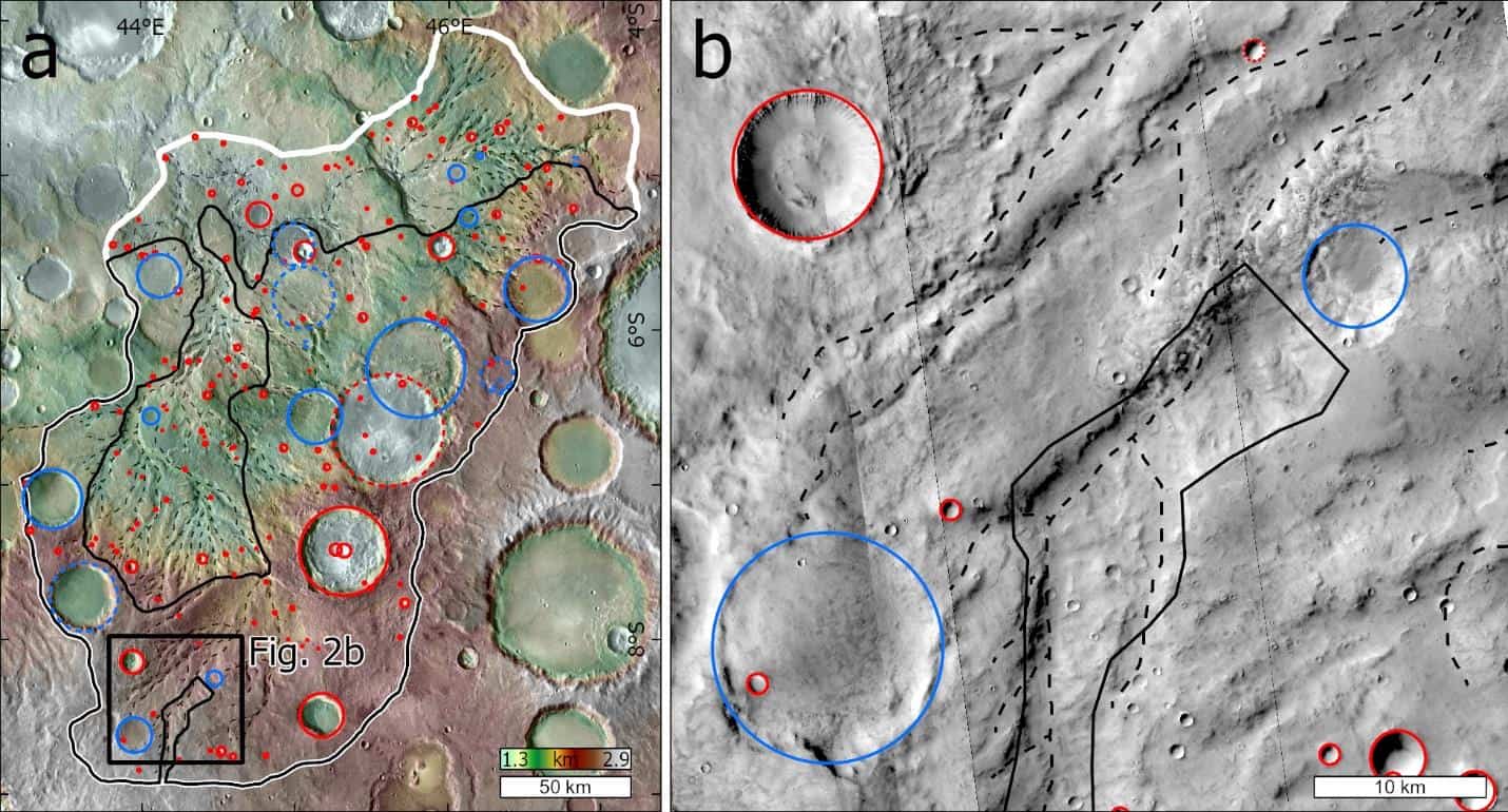 Les valls per on hauria fluït l'aigua fa milions d'anys | MOLA MEGDR, NASA/USGS; THEMIS mosaic, ASU/NASA/USGS; CTX, NASA/MSSS.