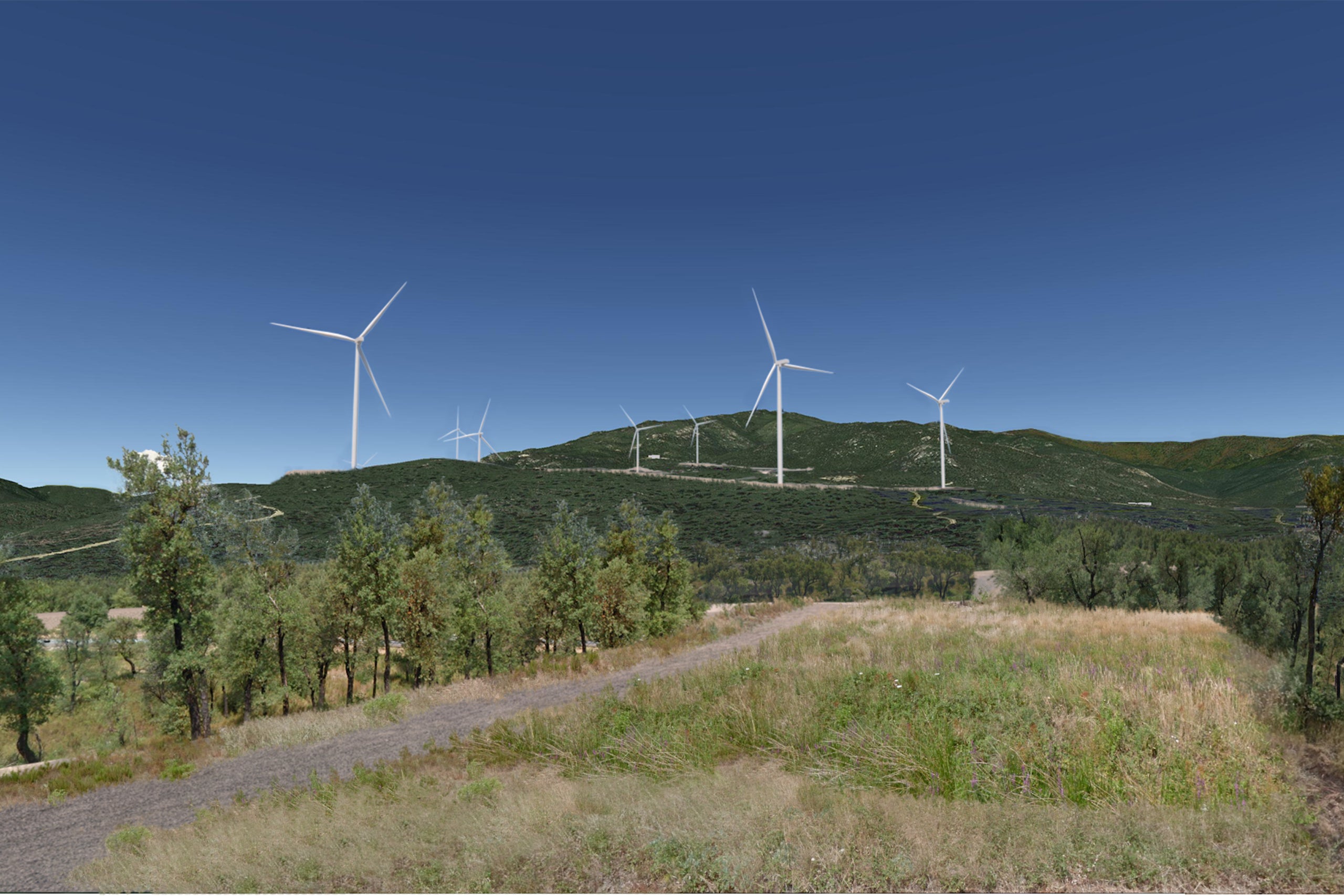 Fotomuntatge del parc eòlic Galatea de La Jonquera, que tindrà nou aerogeneradors i que la filial d'Endesa Enel Green Power vol començar a construir al 2024 | Cedida per Endesa a l'ACN