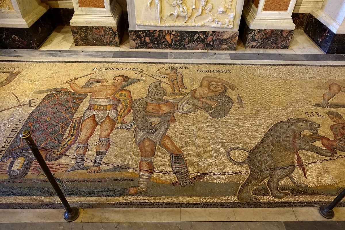 Mosaic en el qual es representa la lluita dels gladiadors | Wikimedia Commons