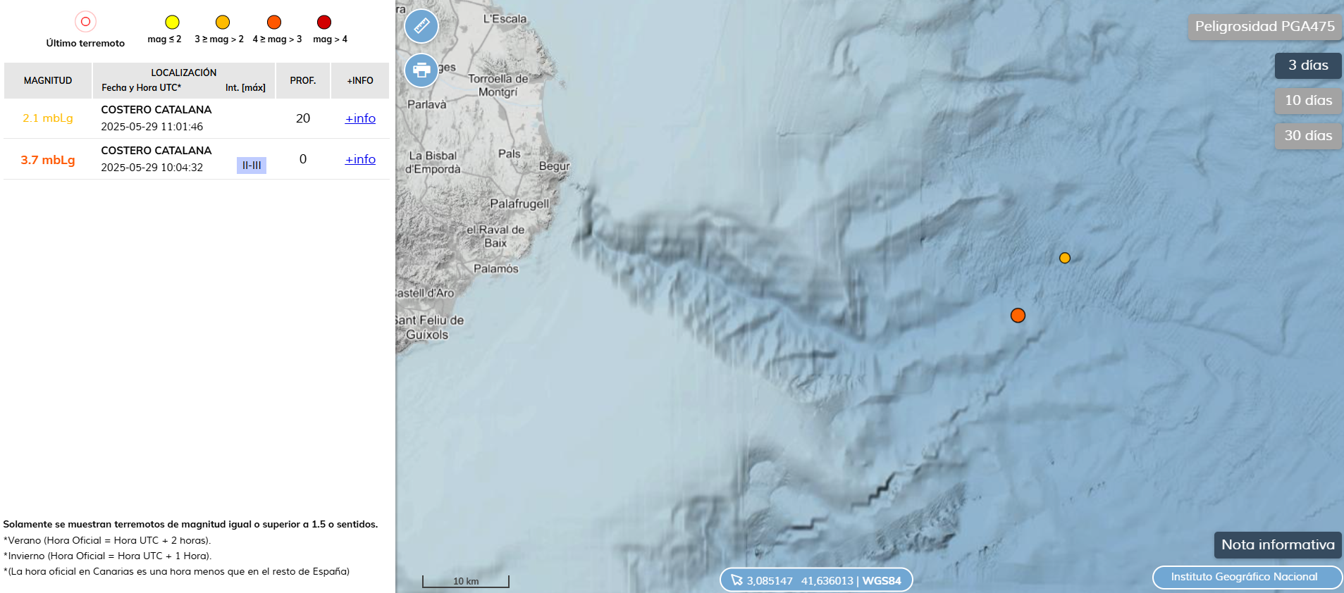Imatge de l'Instituto Cartográfico Nacional (IGN) en la qual es mostren els dos punts en els quals s'haurien produït els terratrèmols | IGN