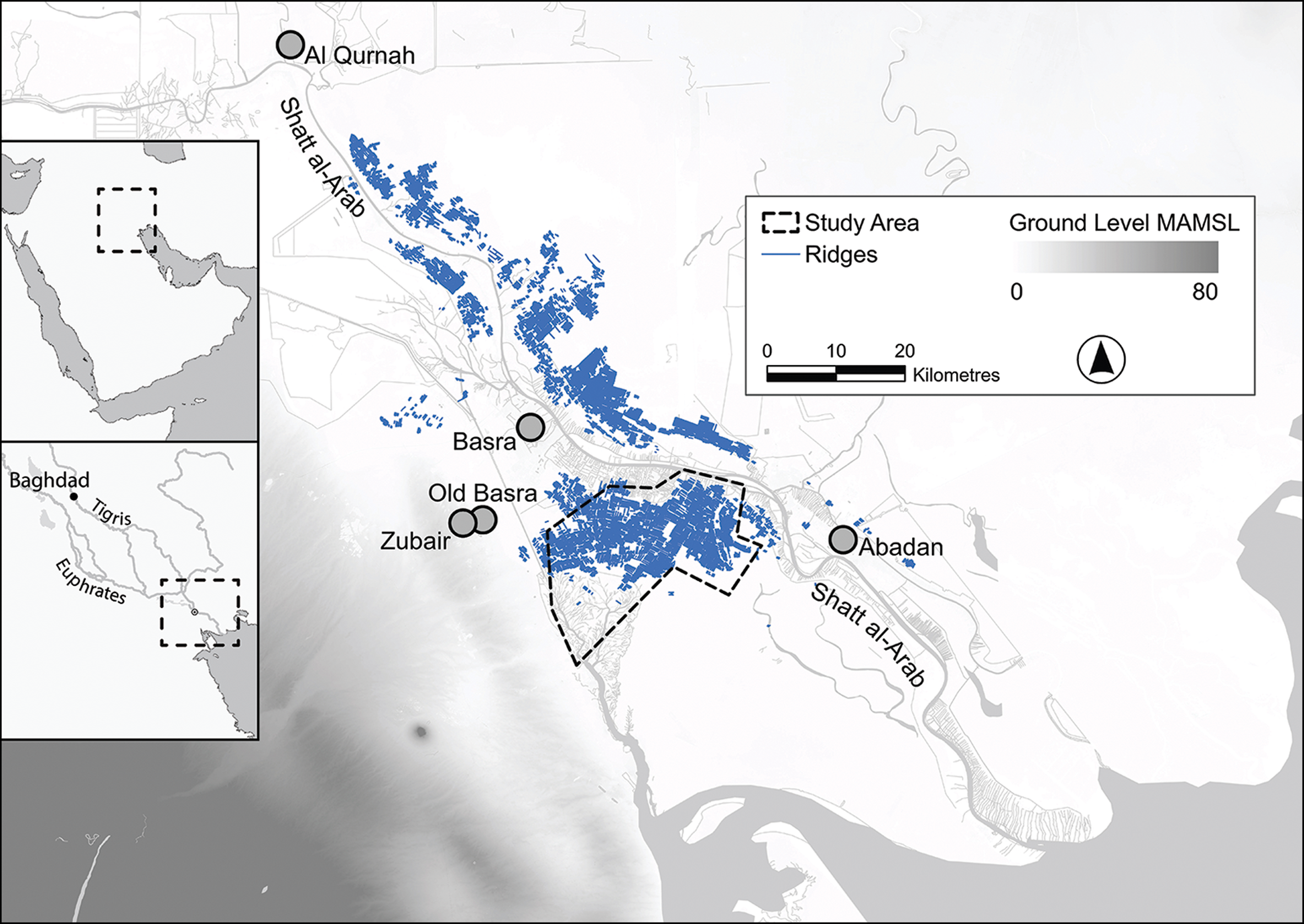 Ubicación y distribución del sistema de crestas/movimientos de tierras, que muestra la extensión cubierta por el área de estudio del proyecto en el sur de Irak. Creado con ArcGIS Pro 3.1.3 utilizando el modelo de elevación digital Copernicus GLO-30 (https://doi.org/10.5270/ESA-c5d3d65) y datos de Natural Earth, la Base de datos de áreas administrativas globales (GADM), la Oficina de las Naciones Unidas para la Coordinación de Asuntos Humanitarios (OCHA) y OpenStreetMap bajo una licencia de base de datos abierta. | Universidad de Cambridge
