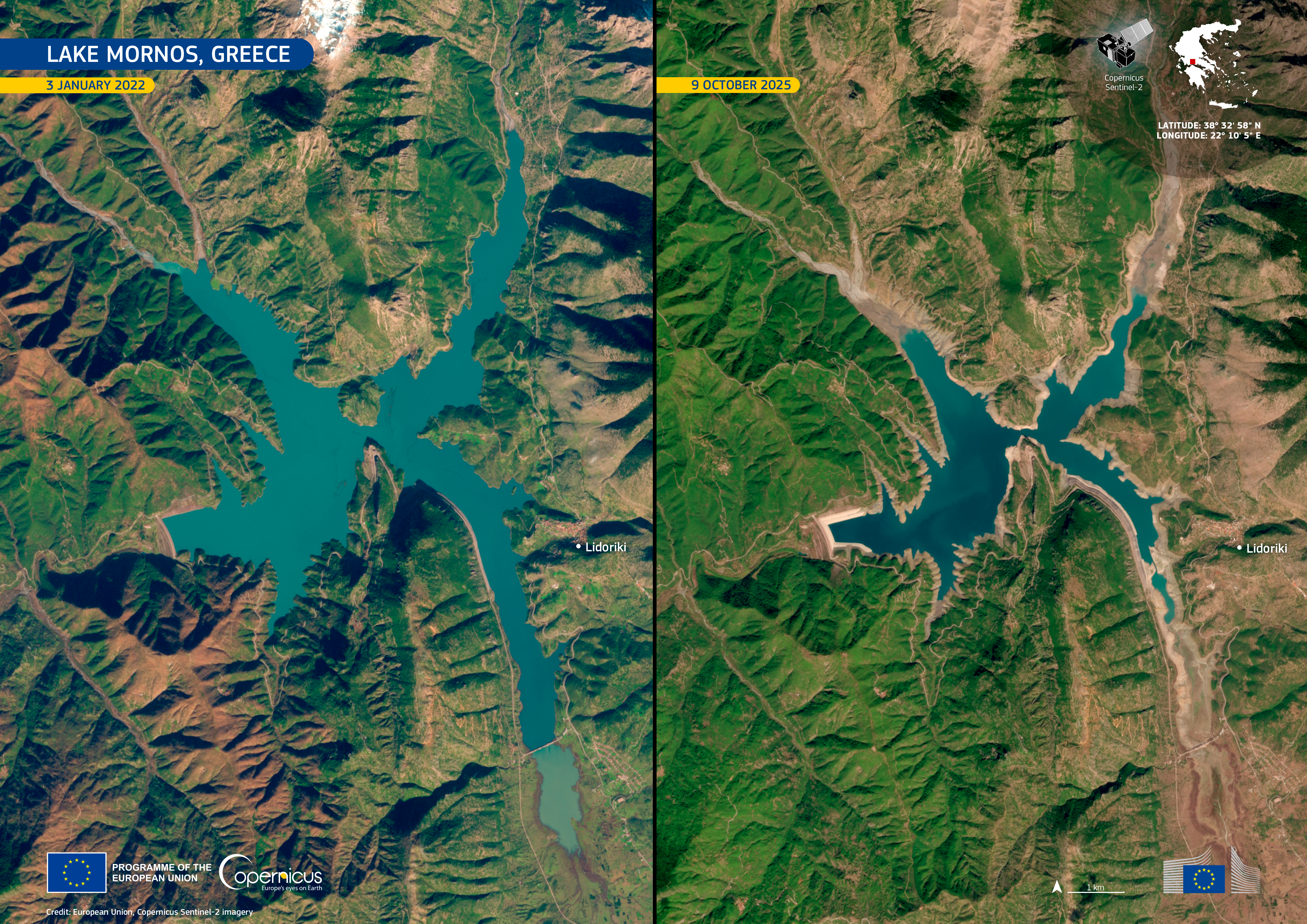 El canvi destacat que ha patit el llac Mornos per culpa de la sequera | European Union, Copernicus Sentinel-X imagery