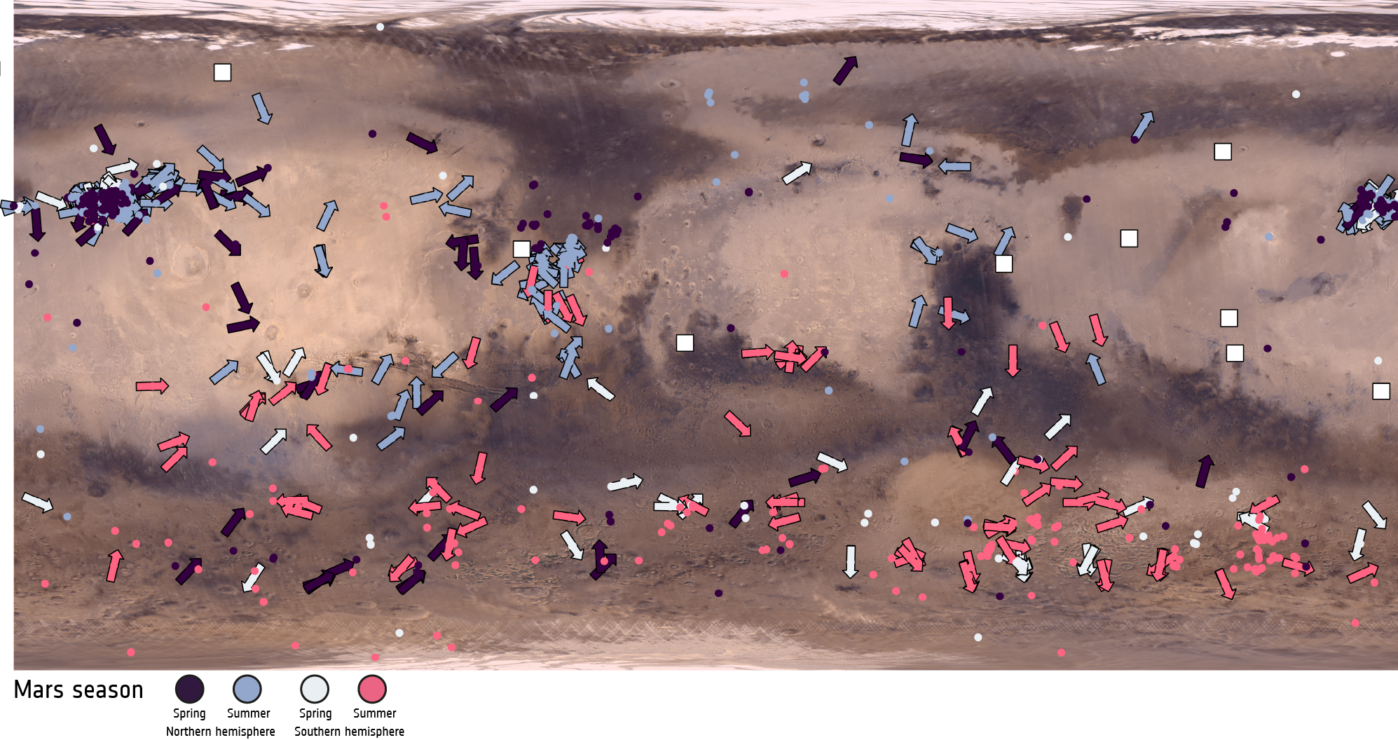 Els punts de color indiquen 1039 diables de pols per als quals només tenim informació d'ubicació, i les fletxes indiquen 373 diables de pols per als quals també tenim informació de velocitat i direcció del moviment. | European Space Agency (ESA)
