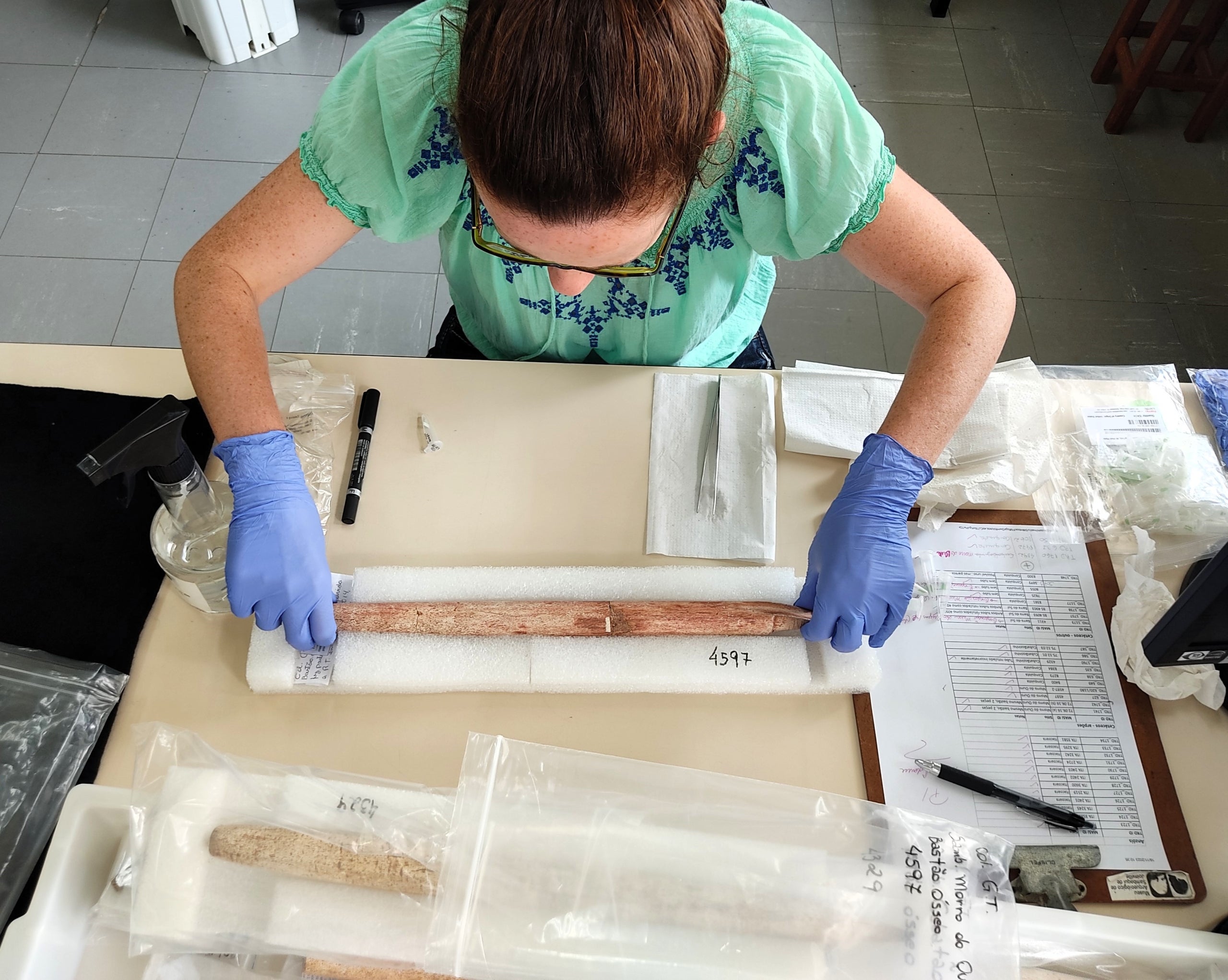 La investigadora de l’ICTA-UAB, Krista McGrath (primera autora), analitza un dels arpons. Autor: ERC-TRADITION / UAB