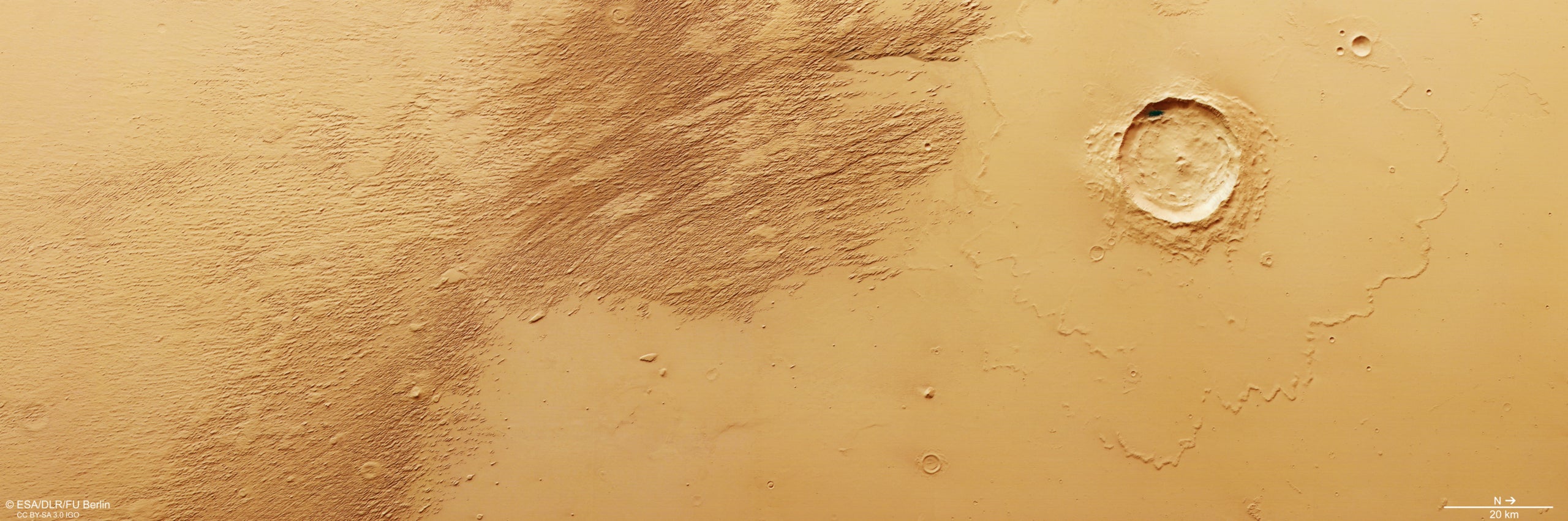 En la imatge -de l'extrem nord de les muntanyes Eumenides Dorsum- es pot veure com els yardangs s'inclinen cap a la mateixa direcció per l'impacte del vent.