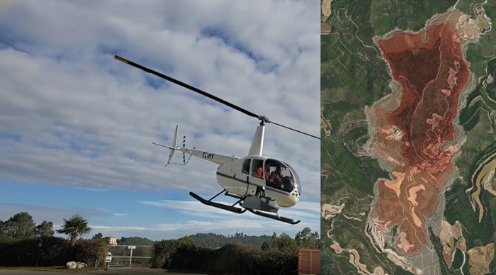 Imatge d'un helicòpter i la simulació de l'incendi forestal | UAB